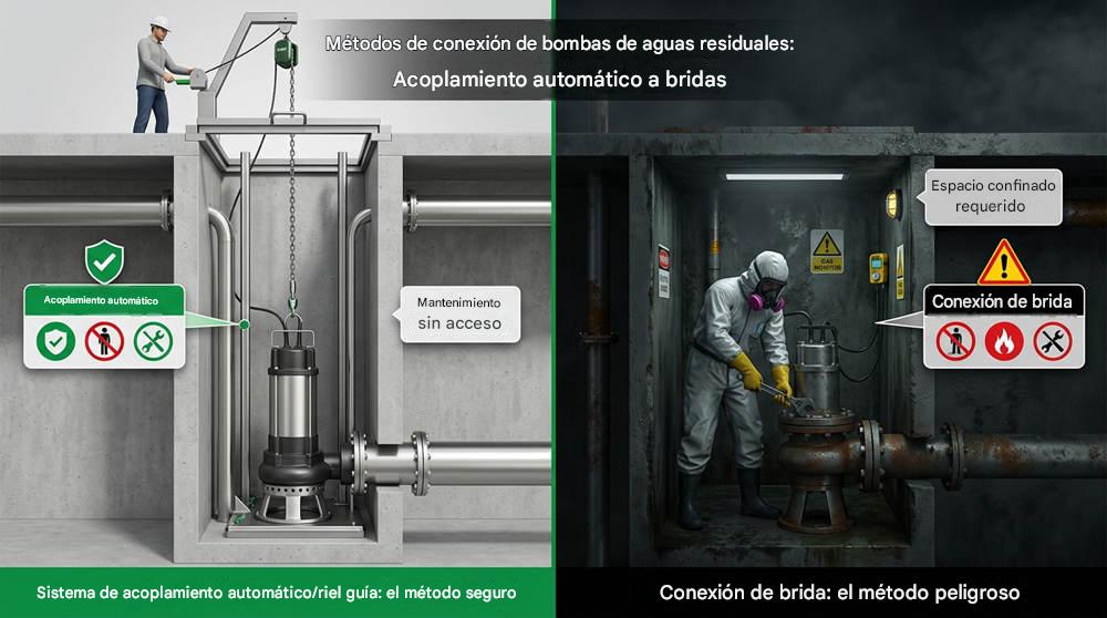 Métodos de conexión de bombas de aguas residuales: Acoplamiento automático a bridas